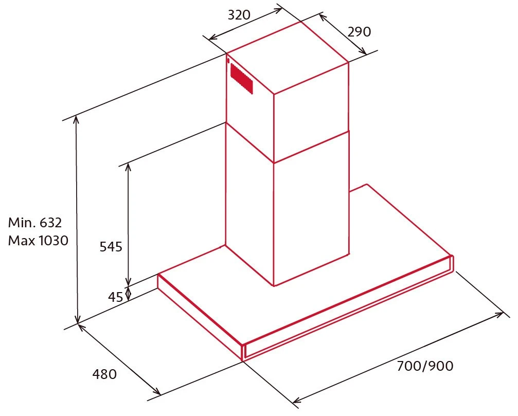 Okap kominowy NODOR SLIM 70 Czarny - rysunek techniczny